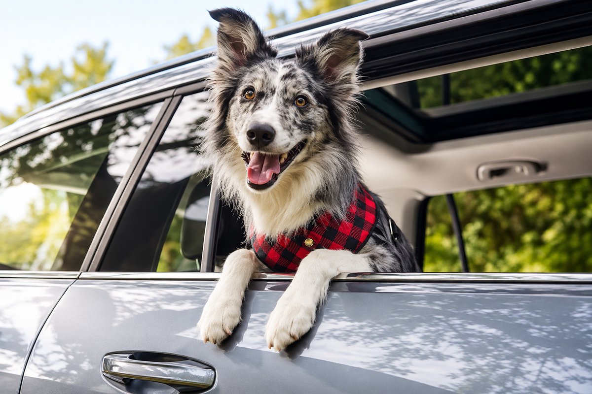 Happy dog in a plaid bandana leaning out of a car window