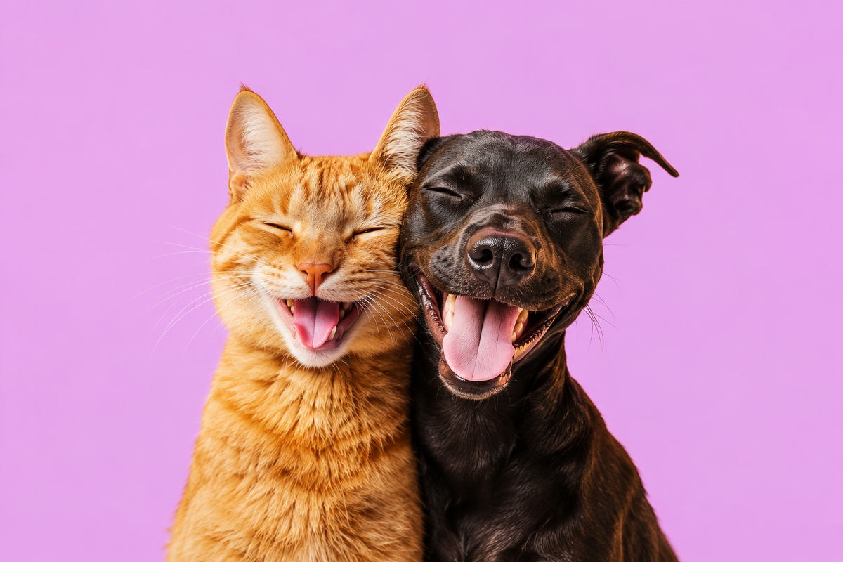 Orange cat and brown dog grinning side by side, showing their teeth