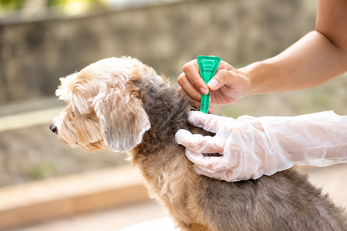 Gloved hands applying a spot-on flea and tick treatment to a small dog