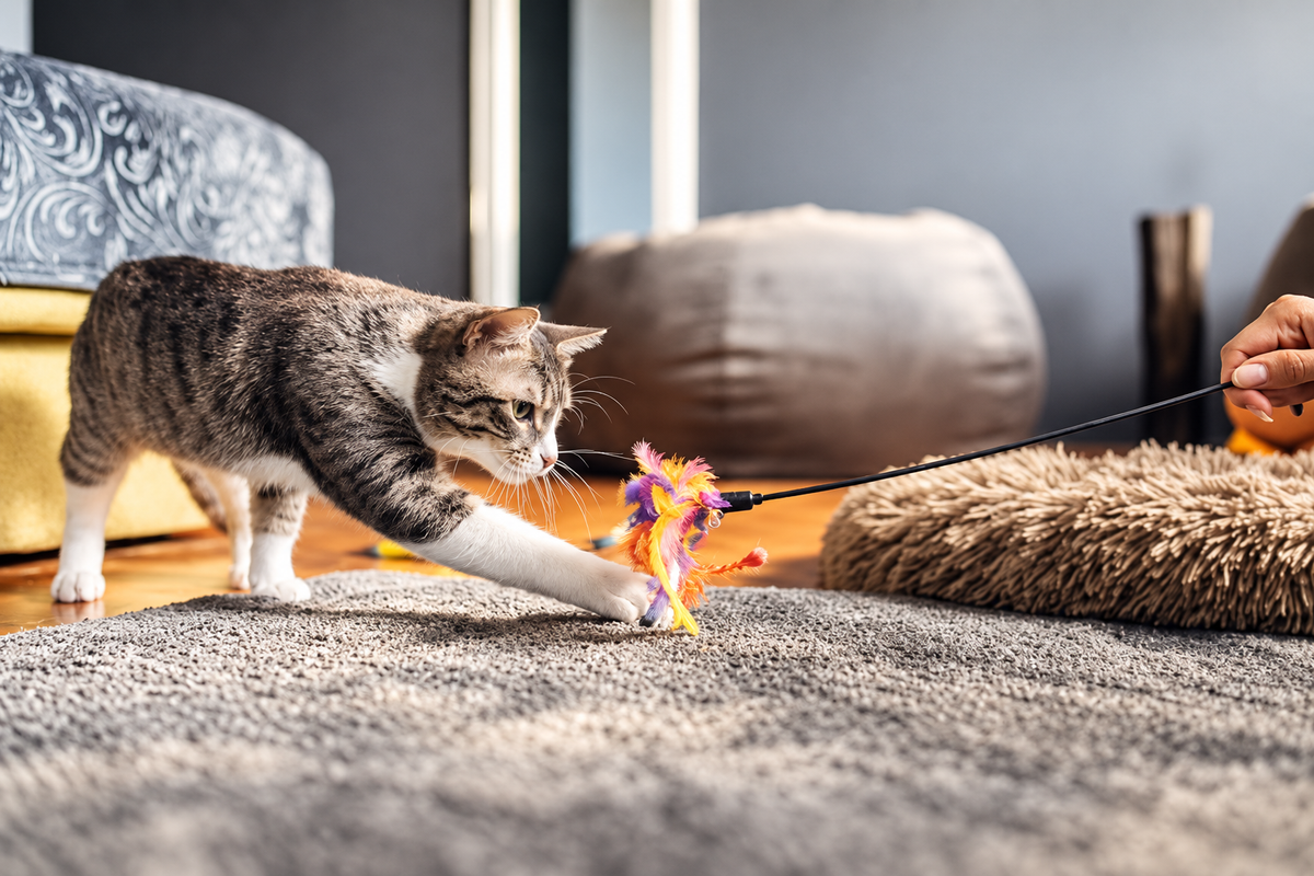 Tabby cat pouncing on a feather wand toy on a living room rug