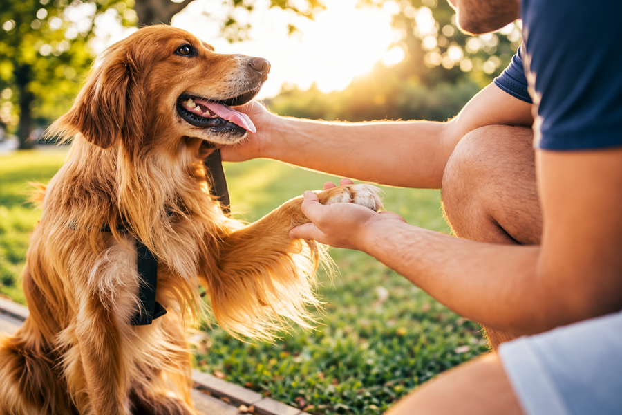 Healthy long-haired golden dog giving its owner a paw in a sunny park
