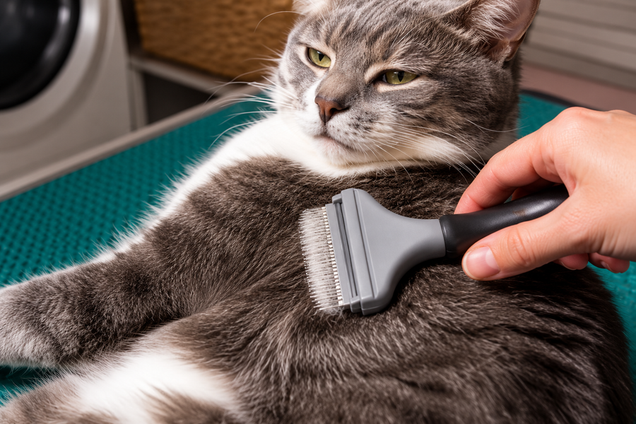 Grey and white cat relaxing while being brushed with a deshedding tool