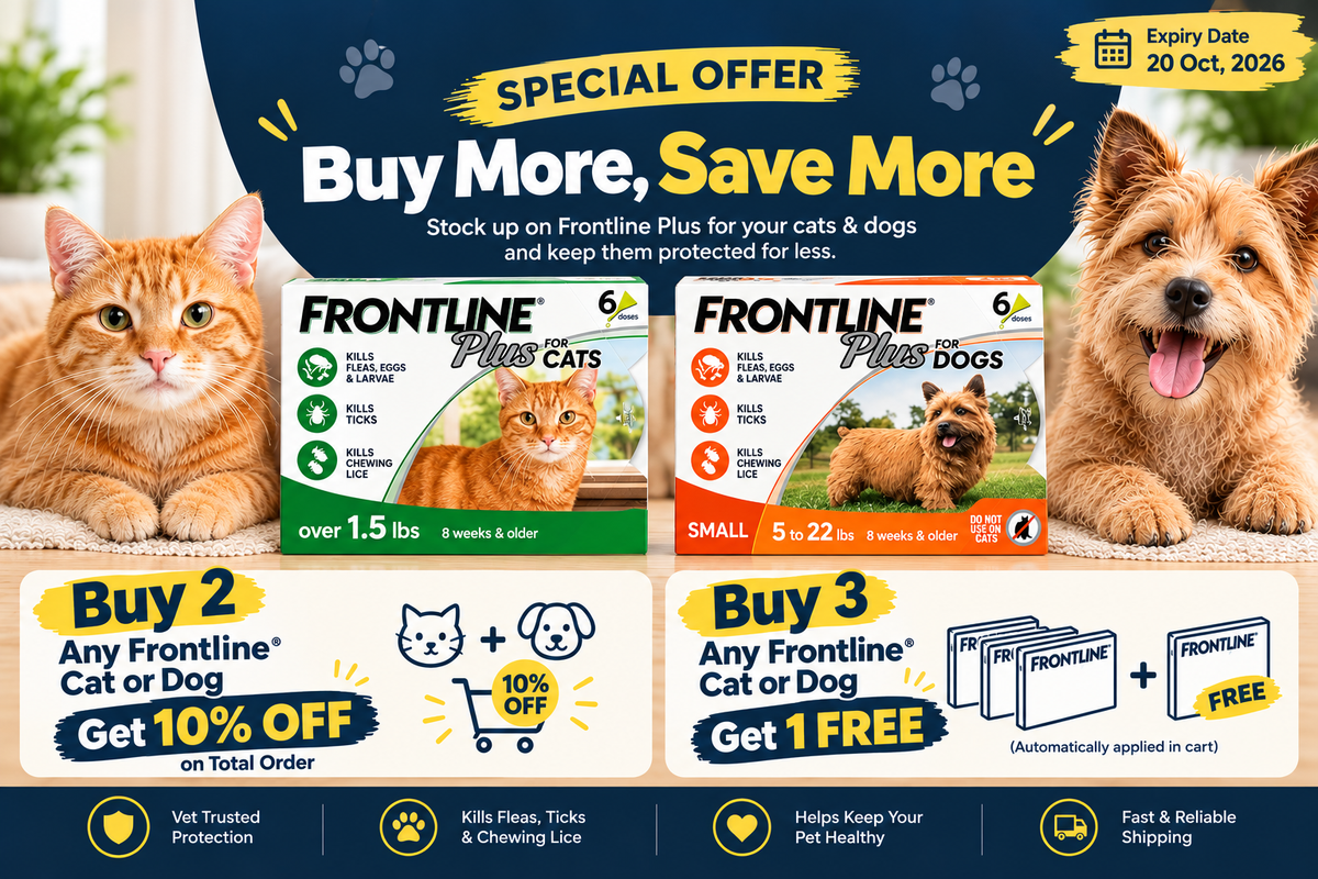 Special offer on Frontline Plus: buy 2 get 1 free, or buy 3 get 2 free, on Frontline Plus for Cats & Kittens and for Small Dogs 5–22 lbs
