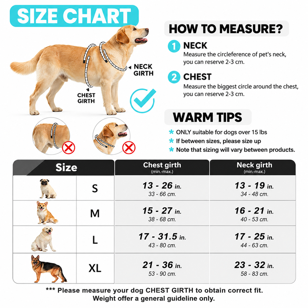 No pull dog harness size chart: how to measure neck and chest girth, sizes S to XL