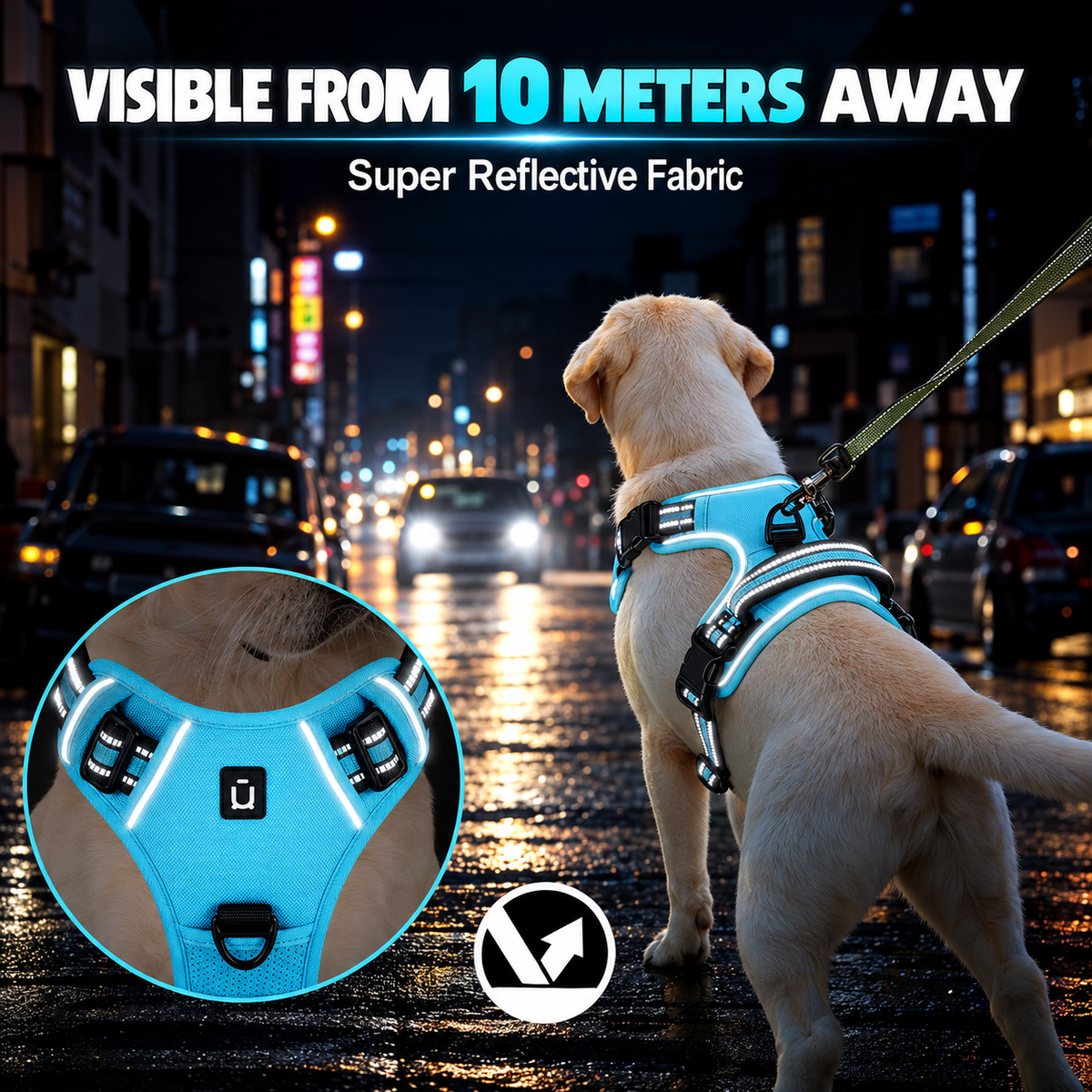 Reflective no pull dog harness visible from 10 metres away on a night walk