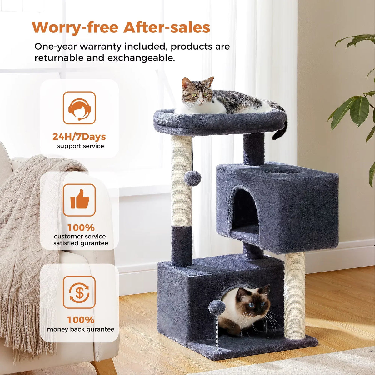 Cat tree for large cats with scratching posts and perch, image 2 of 10