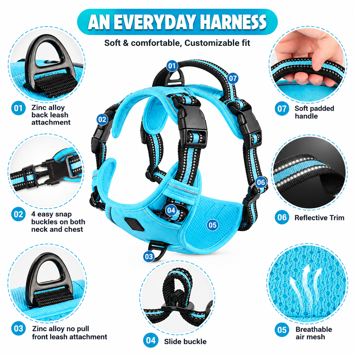 No pull dog harness features: zinc alloy front and back leash clips, snap buckles, slide buckles, breathable air mesh, reflective trim and padded handle