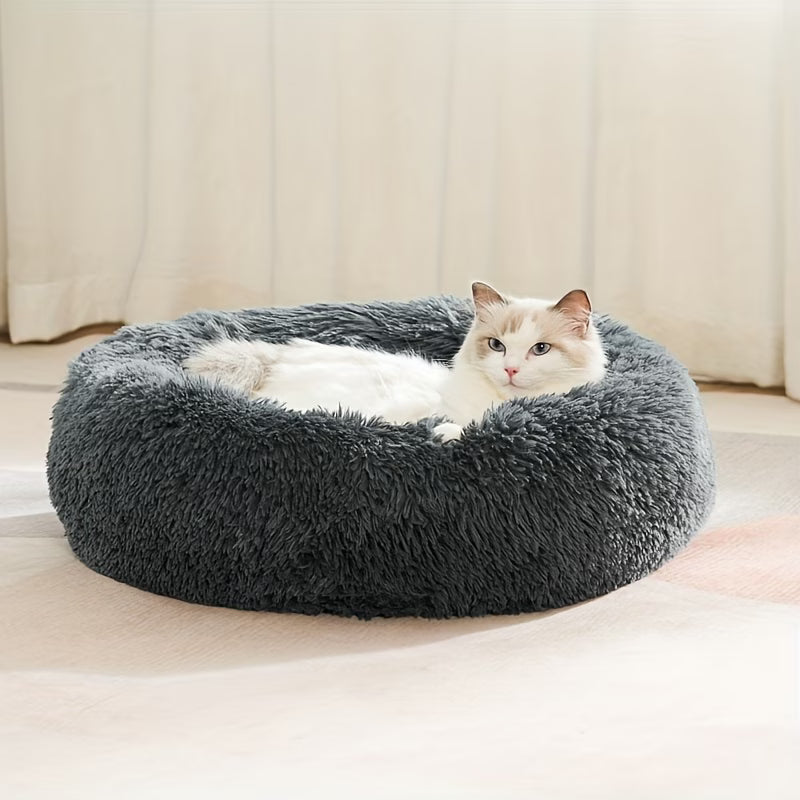 Plush round donut cat bed, image 3 of 12