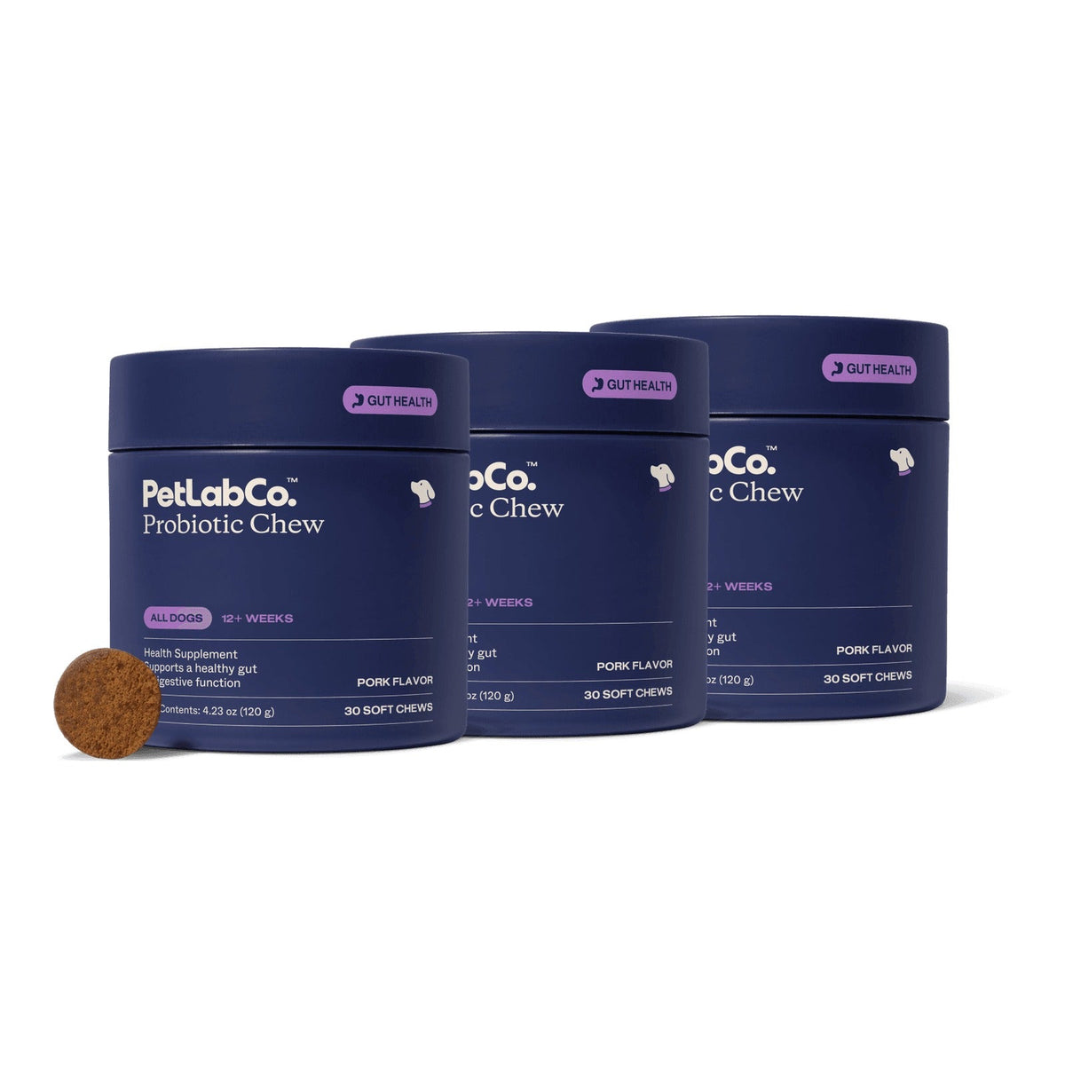 PetLab Co. probiotic chews for dogs, 3 jars of 30 soft chews