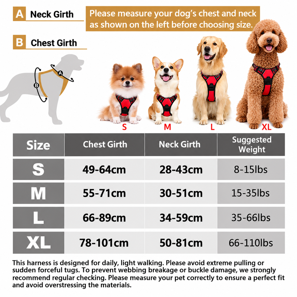 Reflective no pull dog harness size chart: chest girth, neck girth and weight for sizes S to XL