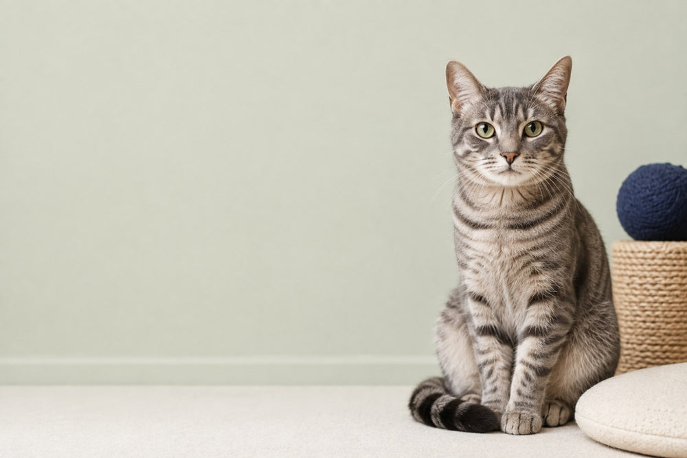 Grey tabby cat on a sage green background - Cats category banner