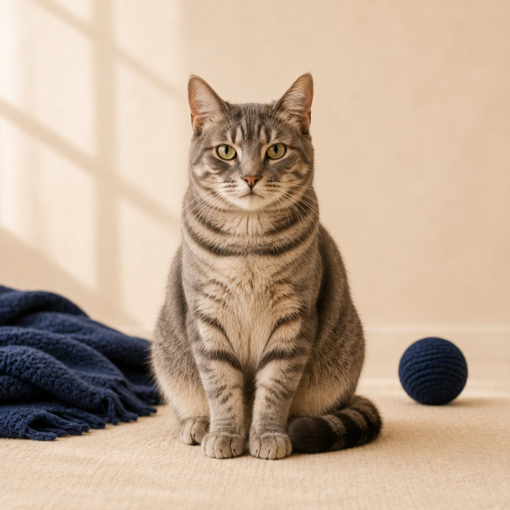 Grey tabby cat sitting on a cream background