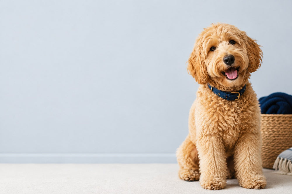 Happy golden doodle dog on a pale blue background - Dogs category banner