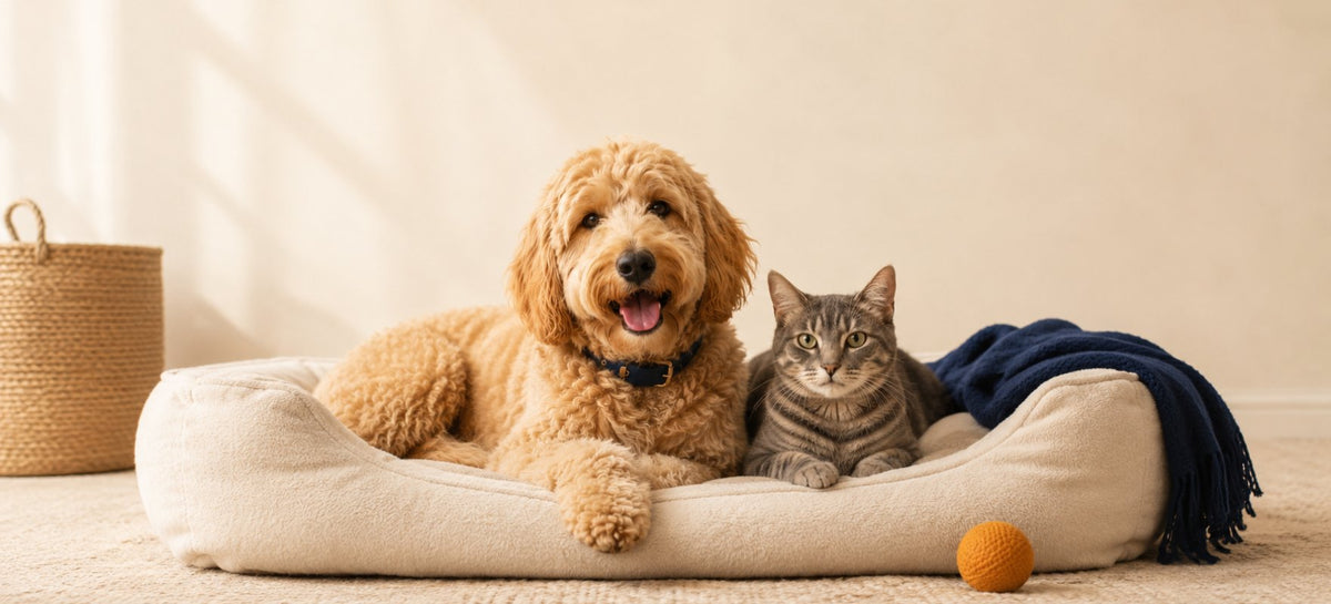 Golden doodle and grey tabby cat resting together on a cream pet bed