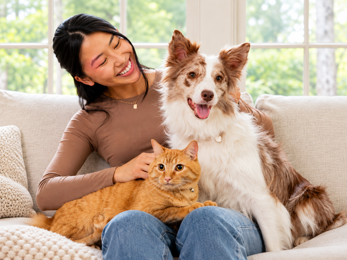 Smiling woman on a sofa with her orange tabby cat and a red and white shepherd dog