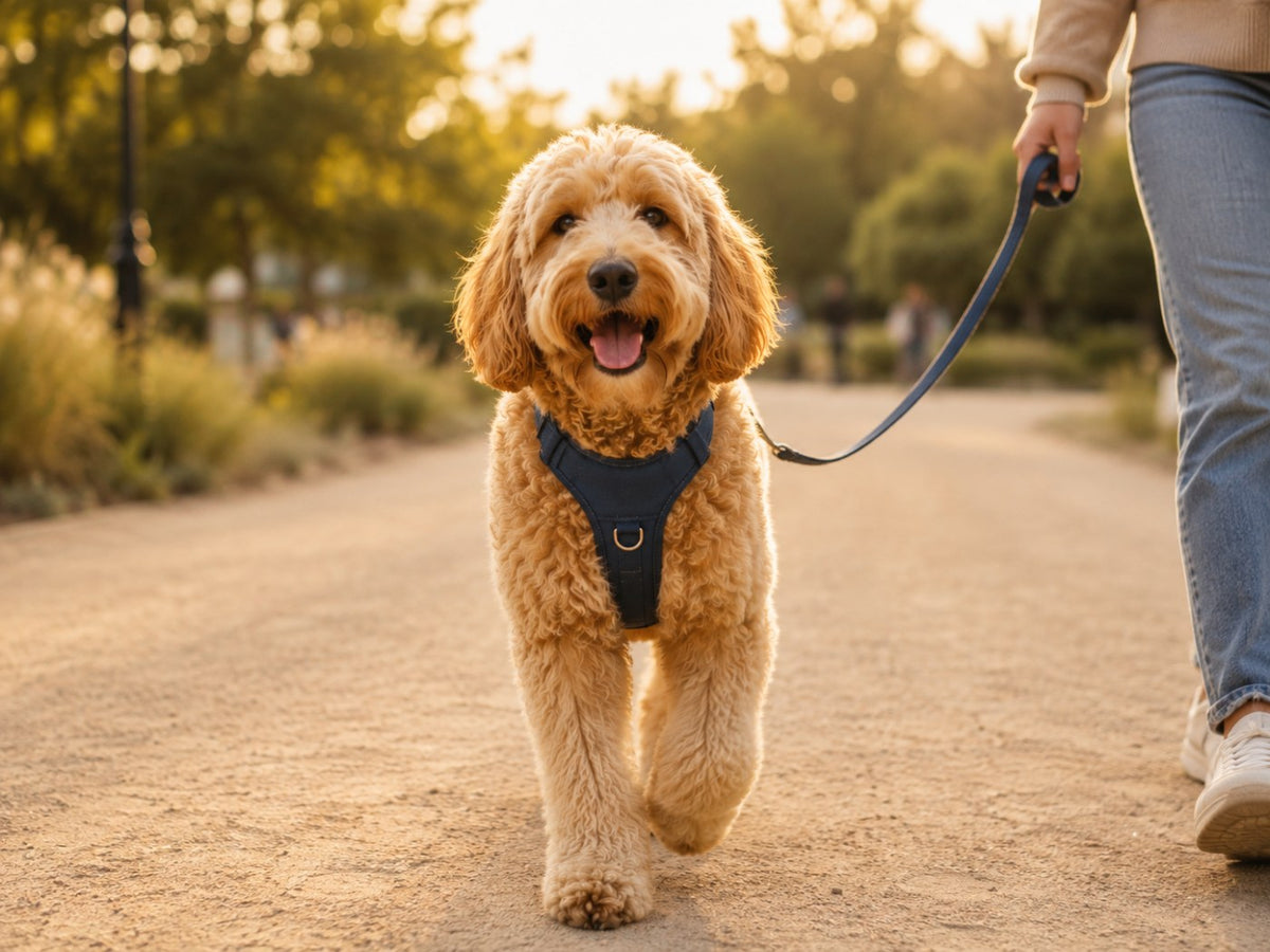 Golden doodle walking on a park path in a navy harness at golden hour