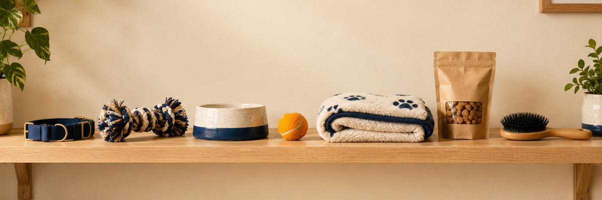 A small curated shelf of pet products on a wooden shelf