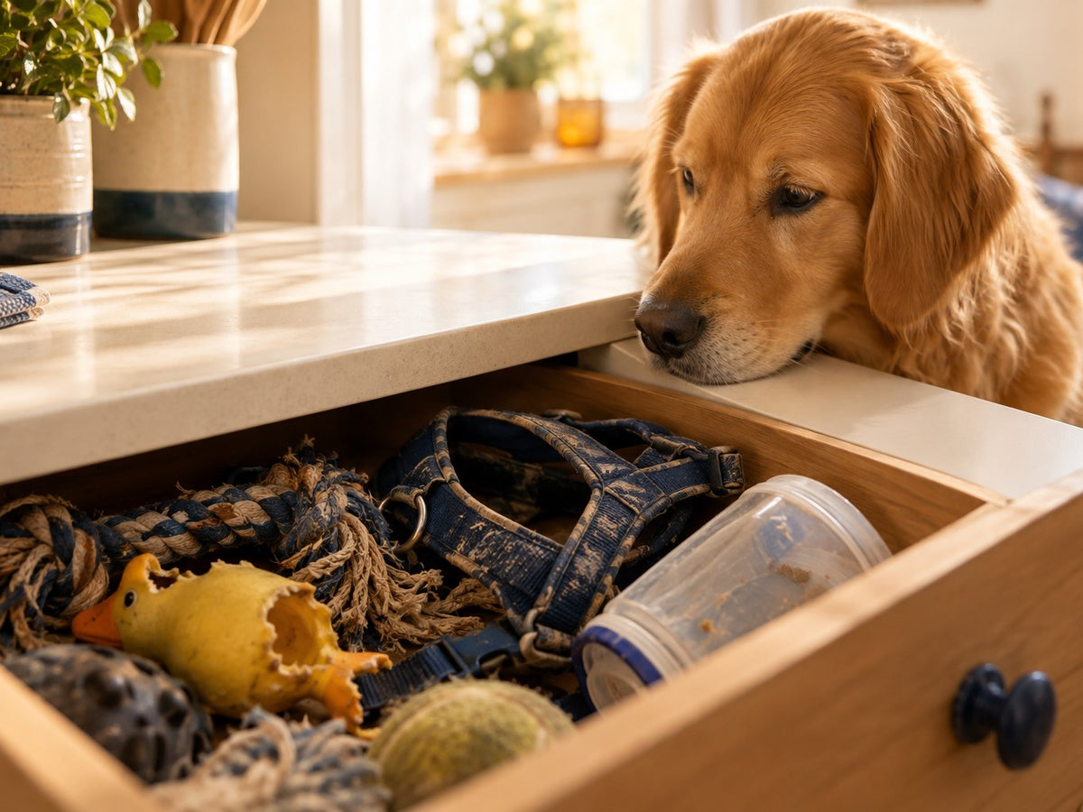 A golden retriever peers into a kitchen drawer full of worn-out pet toys