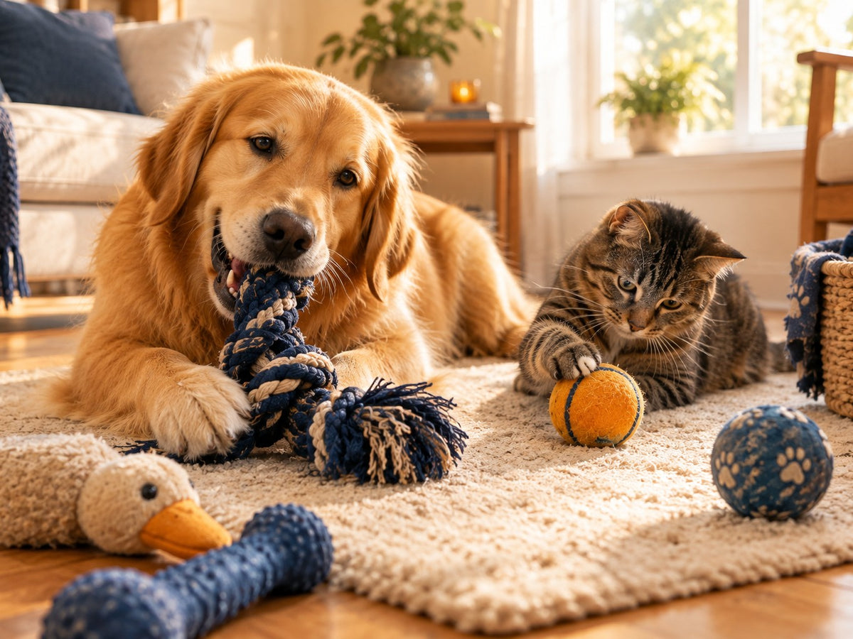A dog chews a rope toy and a cat bats a ball on a living room rug