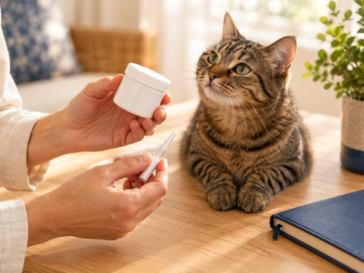 Hands checking a supplement tub beside a calm tabby cat