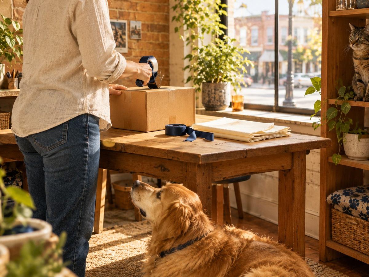 Packing an order in a small shop while a dog and cat look on