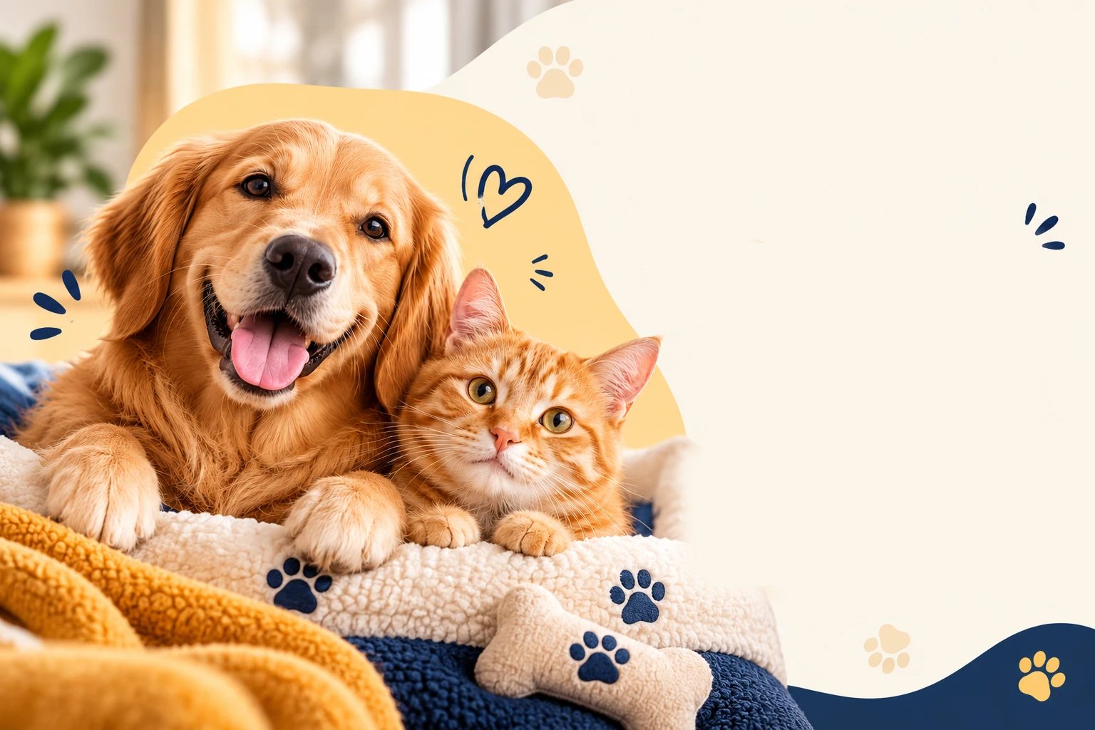 Golden retriever and orange tabby cat cuddled up in a cosy pet bed
